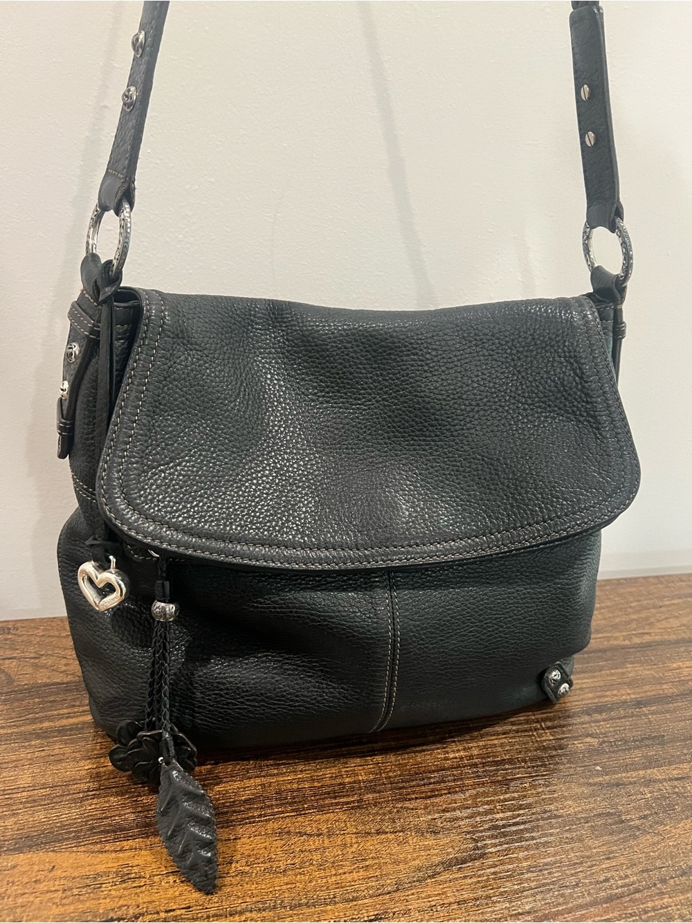 Brighton Karine Black Pebbled Leather Double Flap Shoulder Messenger Bag Boho